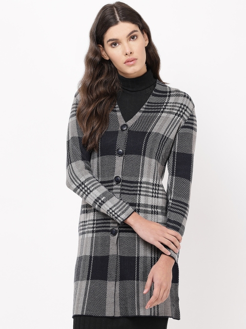 

APSLEY Women Navy Blue & Grey Checked Longline Cardigan