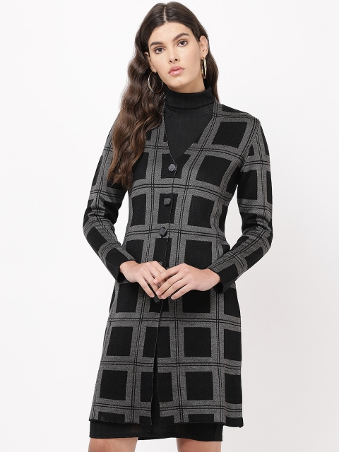 

APSLEY Women Black & Charcoal Grey Checked Longline Cardigan