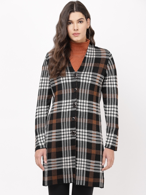 

APSLEY Women Black & Off White Checked Longline Cardigan