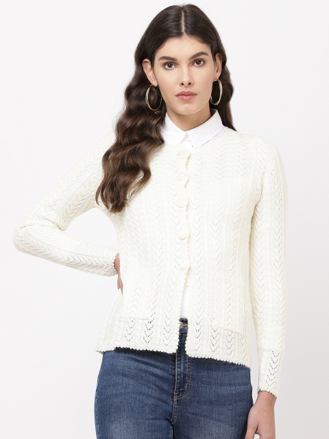 

APSLEY Women Off-White Self Design Cardigan Sweater