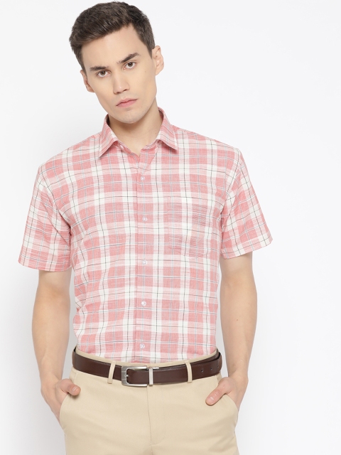 

Hancock Men Coral Red & Off-White Slim Fit Checked Formal Shirt