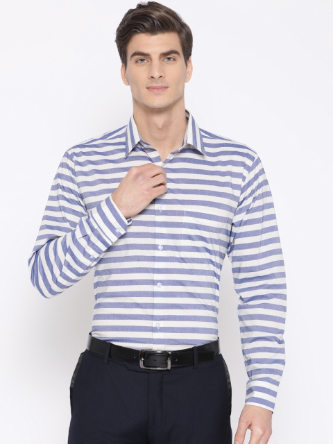 

Hancock Men Off-White & Blue Slim Fit Striped Formal Shirt