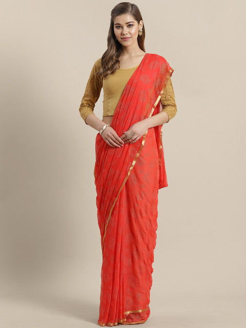 

Saree mall Coral & Golden Printed Saree