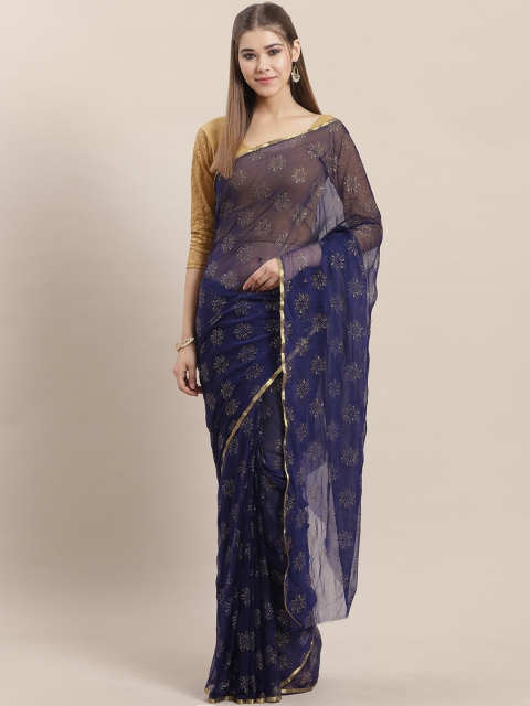 

Saree mall Navy Blue & Golden Embellished Saree