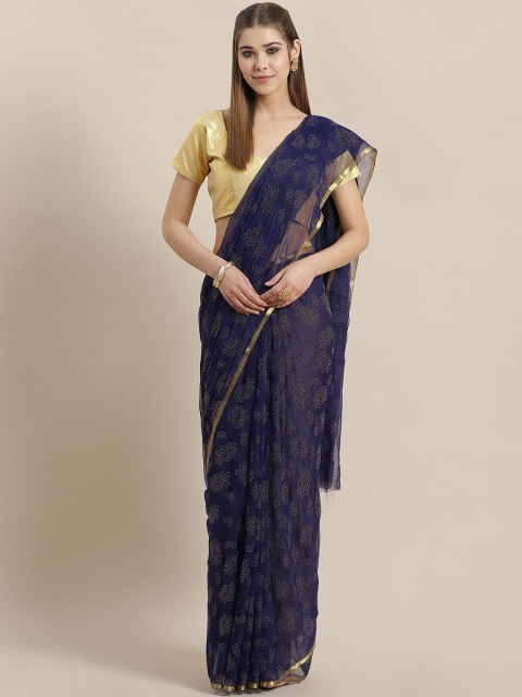 

Saree mall Navy Blue & Golden Embellished Saree