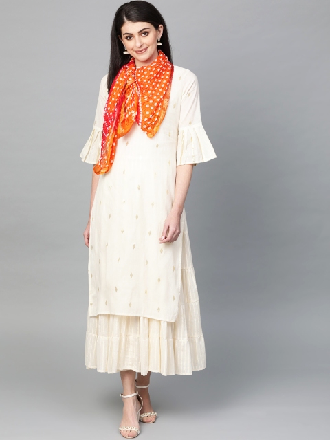

Ishin Women Cream-Coloured & Golden Striped Layered Maxi Dress with Scarf