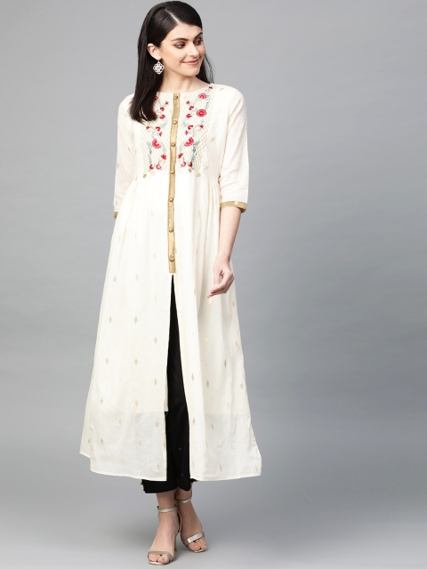 

Ishin Women Cream-Coloured & Golden Woven Design A-Line Kurta