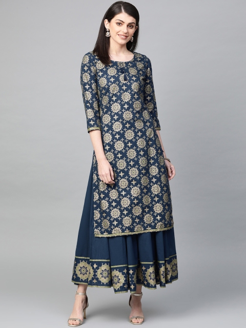 

Ishin Women Navy Blue & Golden Foil Printed Kurta with Palazzos