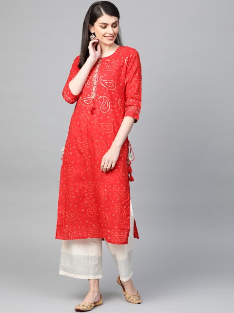 

Ishin Women Red & Orange Bandhani Print Straight Kurta
