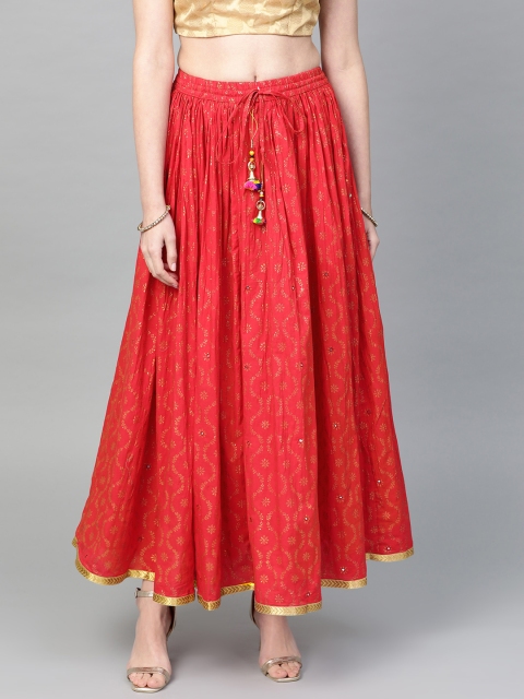 

Ishin Women Red & Golden Printed Maxi Flared Skirt