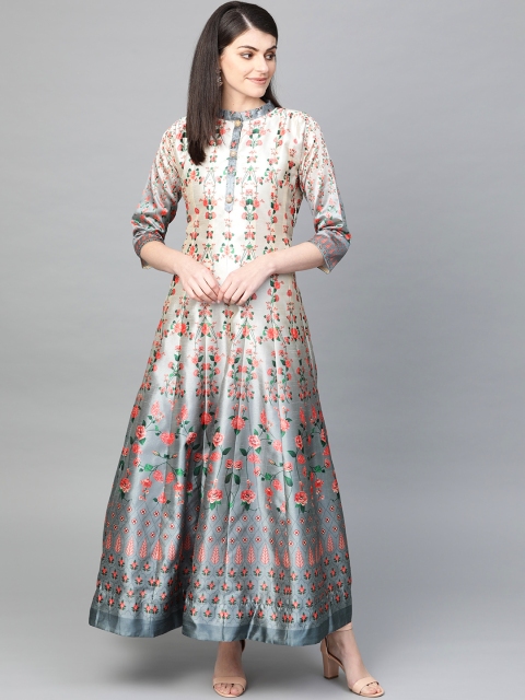 

Ishin Women Off-White & Blue Floral Printed Maxi Dress