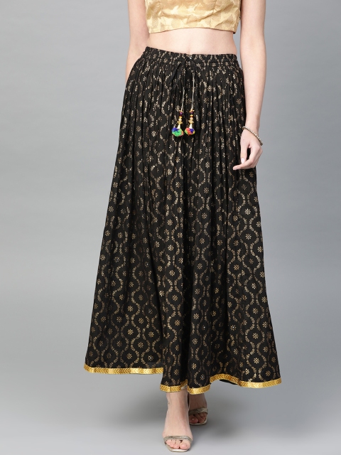 

Ishin Women Black & Golden Printed Maxi Flared Skirt