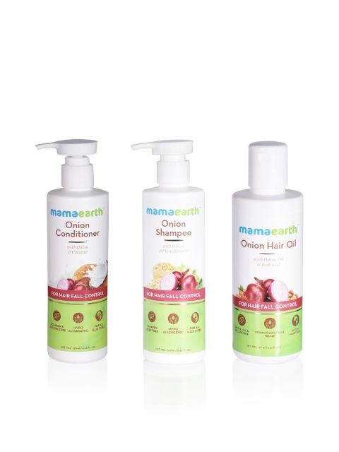 

Mamaearth Sustainable Unisex Set of Hair Onion Oil, Shampoo Conditioner Hair Regrowth Kit, White