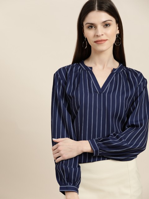 

her by invictus Women Navy Blue & Off-White Striped High-Low Top