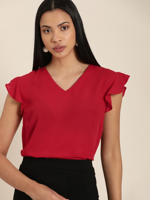 Red V-Neck Top With Flutter Sleeves