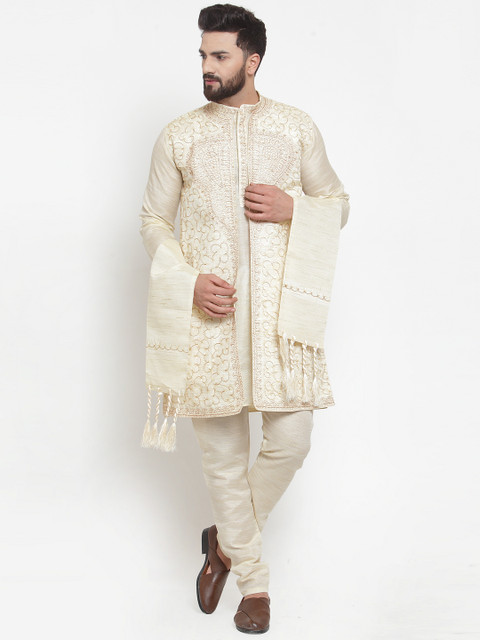 

TREEMODA Men Beige & Gold-Toned Embroidered Kurta with Churidar & Dupatta