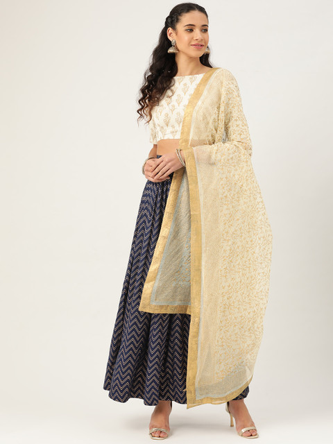 

anayna Navy Blue & Off-White Block Print Stitched Lehenga & Unstitched Choli with Dupatta