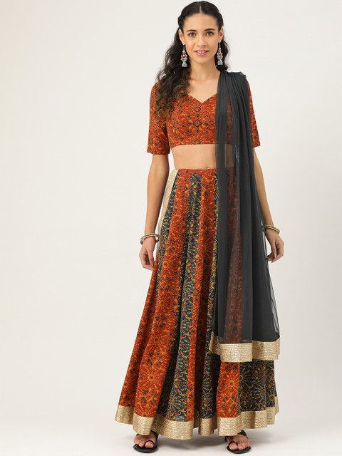

anayna Rust Brown & Navy Blue Printed Stitched Lehenga & Unstitched Choli with Dupatta