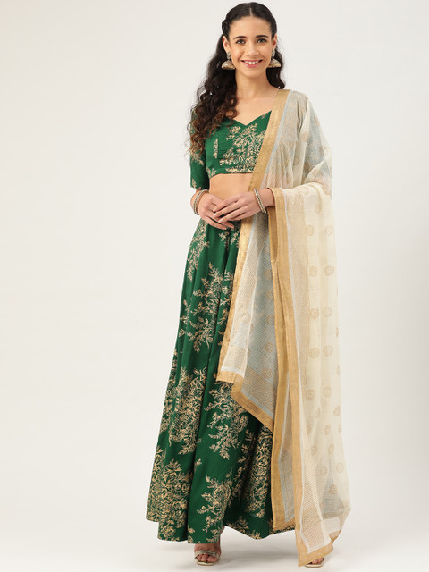 

anayna Green & Off-White Block Print Stitched Lehenga & Unstitched Choli with Dupatta