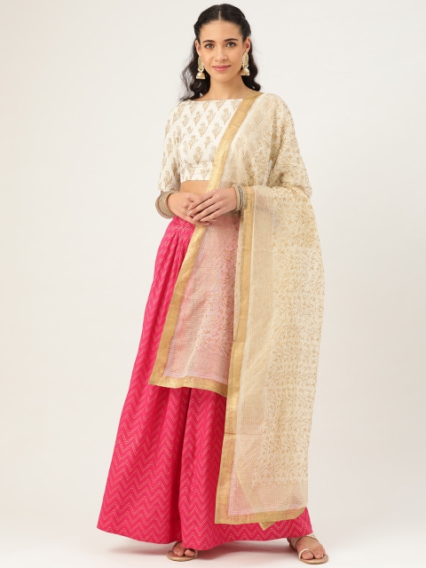 

anayna Pink & Off-White Block Print Stitched Lehenga & Unstitched Choli with Dupatta