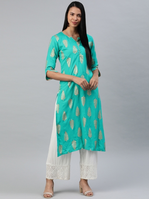 

Swishchick Women Sea Green & Golden Foil Print A-Line Kurta