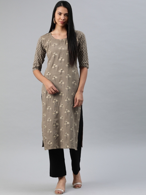

Swishchick Women Taupe Floral Printed Straight Kurta