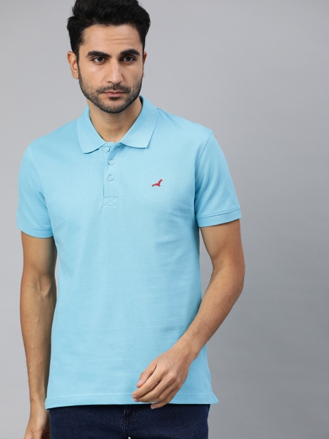 

American Crew Men Turquoise Blue Solid Polo Collar Pure Cotton T-shirt
