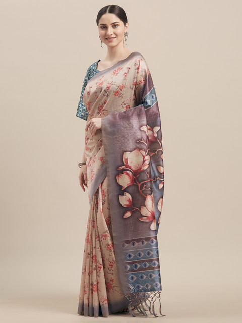 

Kvsfab Beige & Blue Silk Blend Printed Saree