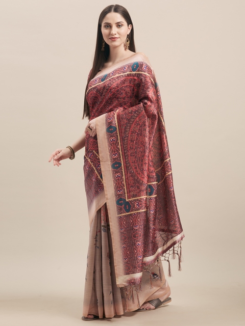 

Kvsfab Maroon & Brown Silk Blend Printed Saree