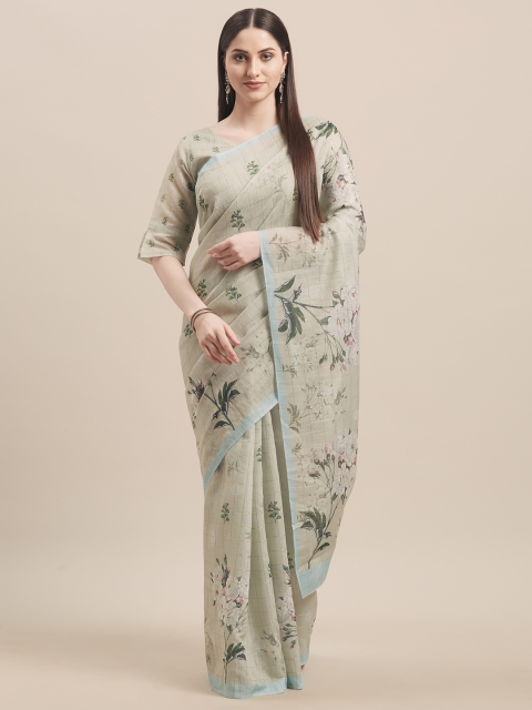 

Kvsfab Olive Green Printed Linen Blend Saree