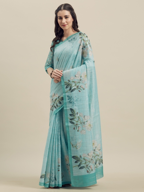 

Kvsfab Sea Green & Silver-Coloured Linen Blend Printed Saree