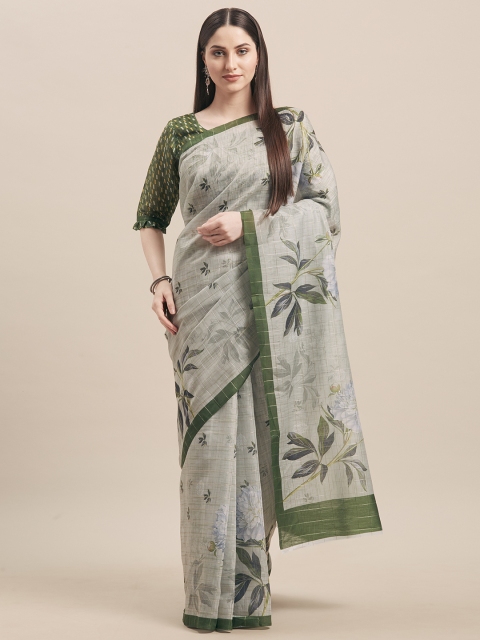 

Kvsfab Green & Grey Linen Blend Printed Saree