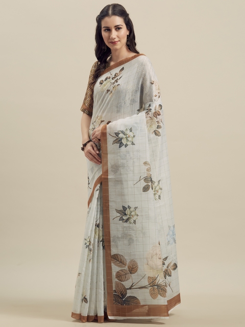 

Kvsfab Off-White & Brown Linen Blend Printed Saree