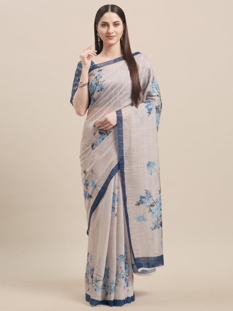 

Kvsfab Off-White & Blue Linen Blend Printed Saree