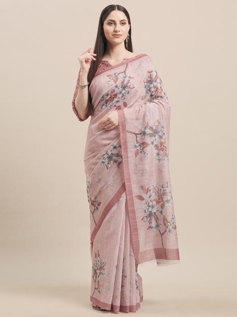 

Kvsfab Pink Printed Linen Blend Saree