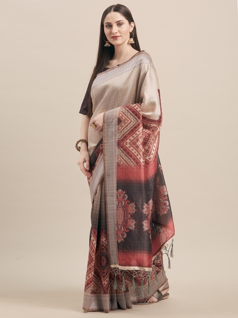 

Kvsfab Beige & Maroon Silk Blend Printed Saree