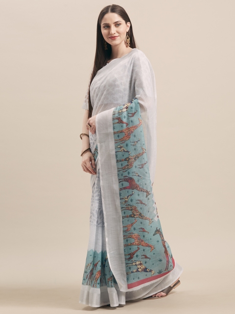 

Kvsfab Grey & Blue Cotton Blend Printed Saree