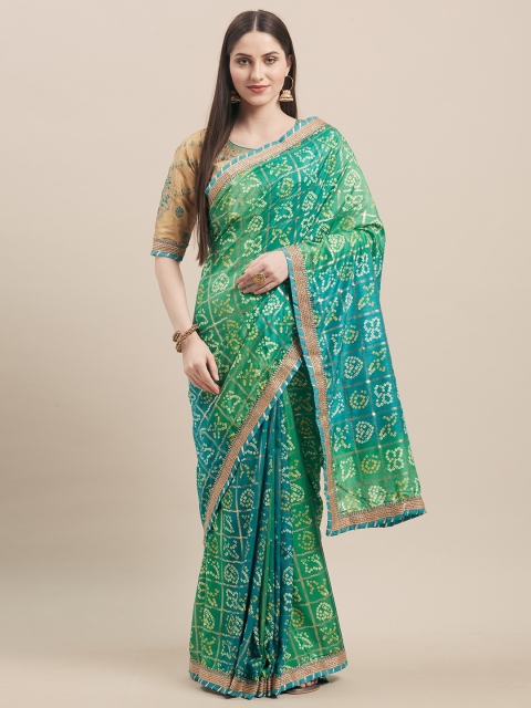

Kvsfab Green & Gold-Toned Silk Blend Embroidered Bandhani Saree