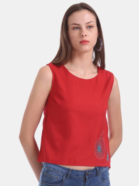 

Bronz Women Red Embroidered A-Line Top