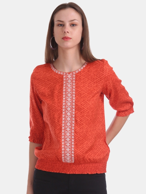 

Bronz Women Orange Printed Blouson Top