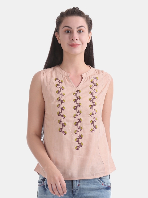 

Bronz Women Peach-Coloured Embroidered Top