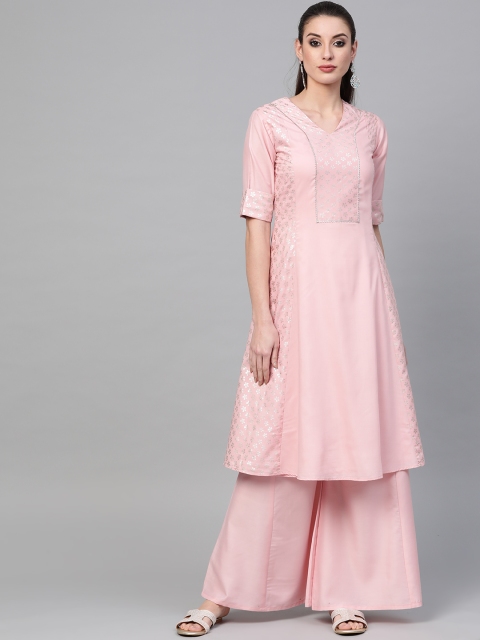 

Inddus Women Pink & Golden Printed Kurta with Palazzos