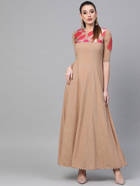 

Inddus Women Beige & Golden Printed Maxi Dress