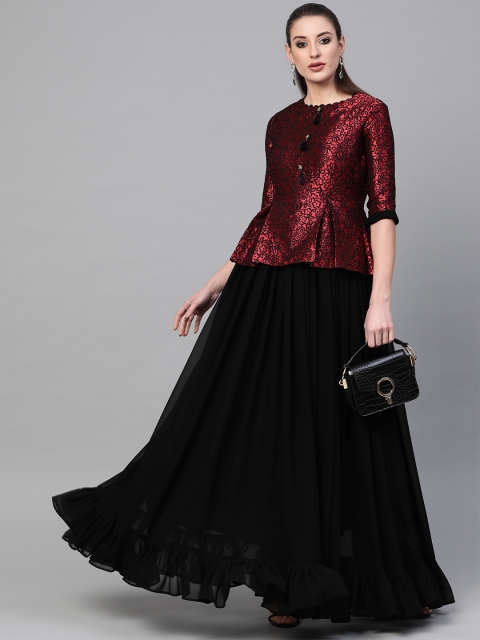 

Inddus Women Black & Maroon Embroidered Maxi Dress