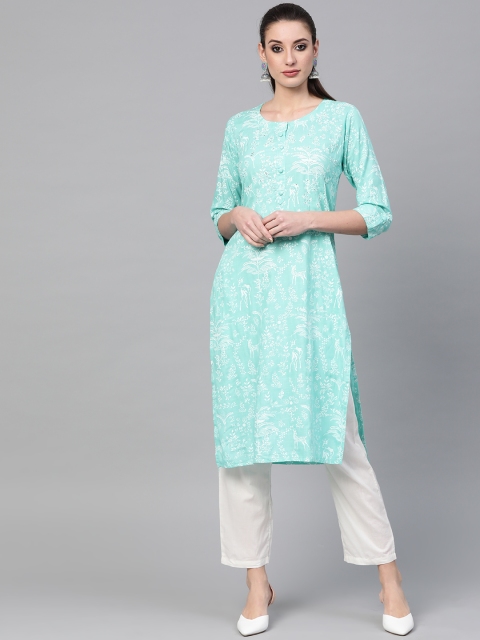 

Inddus Women Sea Green & White Printed Kurta with Trousers