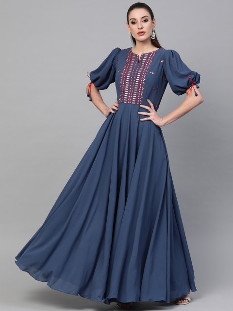 

Inddus Women Blue Embroidered Detail Maxi Dress