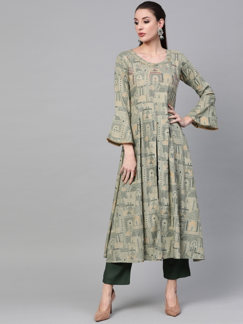 

Inddus Women Green & Gold-Toned Printed Kurta with Trousers