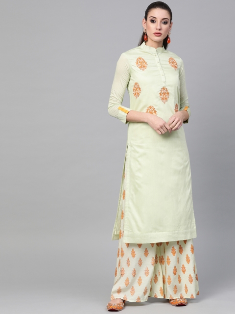 

Inddus Women Green & Mustard Yellow Yoke Design Kurta with Palazzos