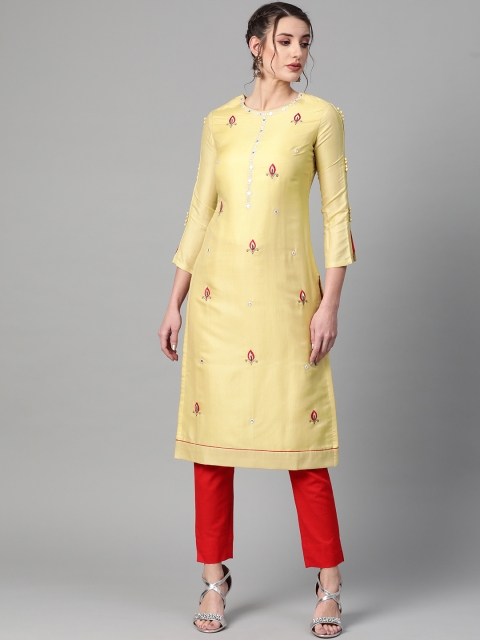 

Inddus Women Yellow & Red Embroidered Kurta with Trousers