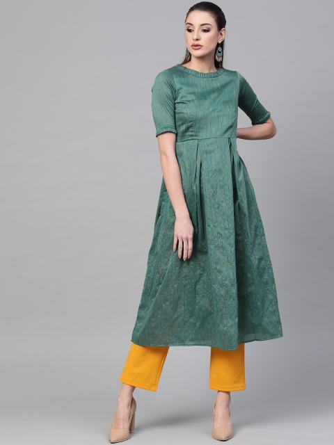 

Inddus Women Green & Yellow Self-Striped A-Line Kurta